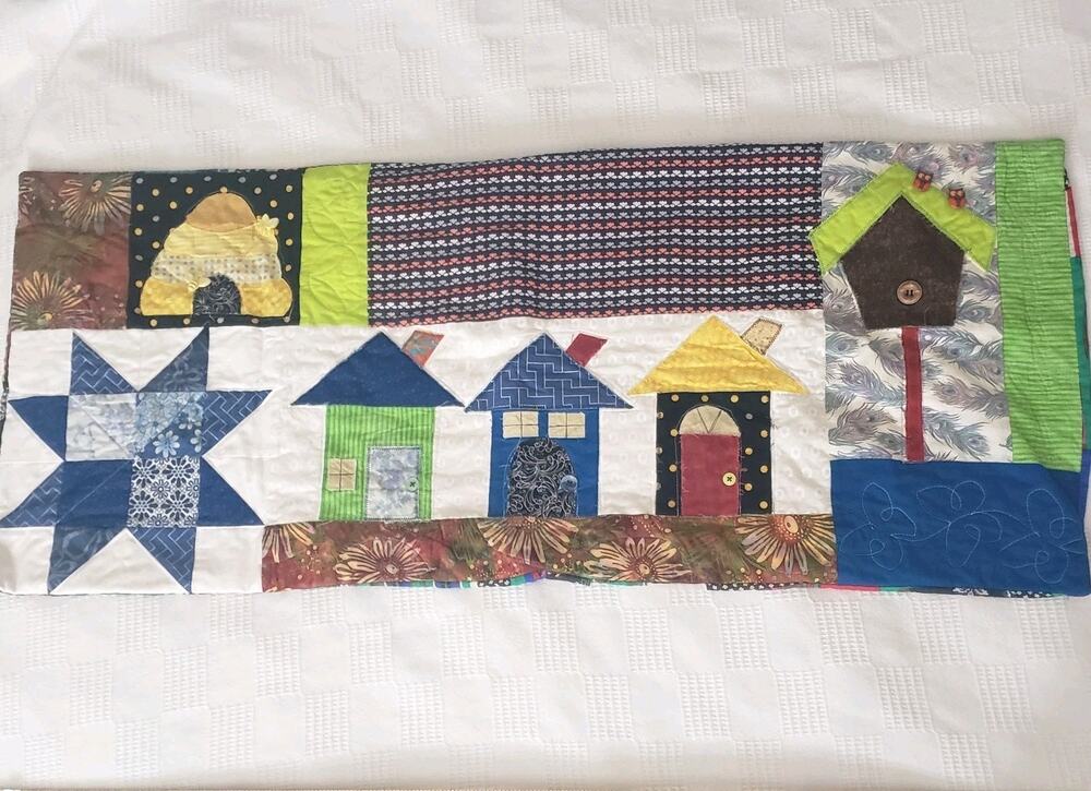 Handmade Quilted Lumbar Pillow Cover Folk Art Houses Beehive Patchwork 15.5"x37"